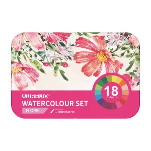 Acquerelli demi-godet - con pennello brush - in scatola di metallo - colori floreali assortiti - DOM - astuccio 18 colori