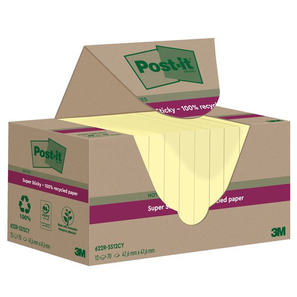 Blocco foglietti Post it  SuperSticky Green - 622R-SSCY - 47,6 x 47,6 mm - carta riciclata - giallo Canary - 70 fogli - Post it  - conf. 12 blocchi