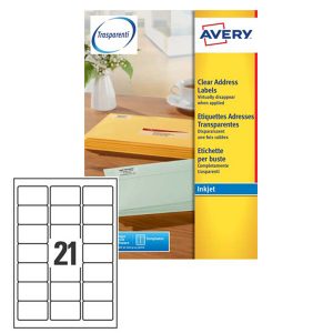 Etichette adesive J8560 - in PE - inkjet - permanenti - 63,5 x 38,1 mm - 21 et/fg - 25 fogli - trasparente - Avery