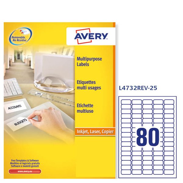 Etichette adesive L4732REV - rimovibili - per stampanti laser - 35,6 x 16,9  mm - 80 et/fg - 25 fogli A4 - bianco - Avery - Tecnoffice
