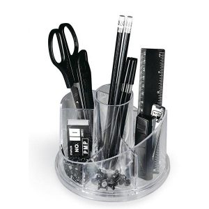 Desk set girevole portatutto - plexiglass - 13x16x12 cm - accessori inclusi - trasparente - Lebez