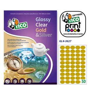 Etichette adesive ovali GL4 - in carta - permanenti- 36 x 27 mm - 50 et/fg - 100 fogli - oro satinato - Tico