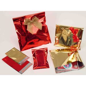 Busta regalo - con patella adesiva - 16 x 21 + 4 cm - 30 micron - PPL - metal lucido - rosso - PNP - conf. 50 pezzi