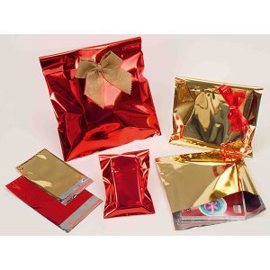 Busta regalo - con patella adesiva - 35 x 50 + 5 cm - 30 micron - PPL - metal lucido - oro - PNP - conf. 50 pezzi