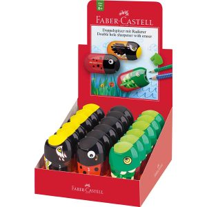 Temperamatite Animals con contenitore - 2 fori - con serbatoio e gomma assortiti - Faber Castell