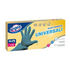 Guanti - polietilene clorurato anallergico - riciclabile - taglia universale - azzurrro - Logex Professional - scatola 100 pezzi