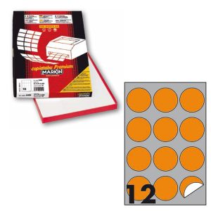 Etichette adesive tonde R/310 - in carta - permanenti - diametro 60 mm - 12 et/fg - 100 fogli - arancio fluo - Markin