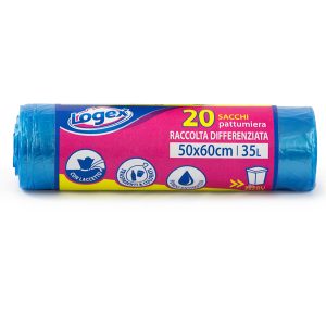 Sacchi per immondizia - 50x60 cm - 35 L - 9 micron - azzurro trasparente - Logex Professional - rotolo da 20 sacchetti