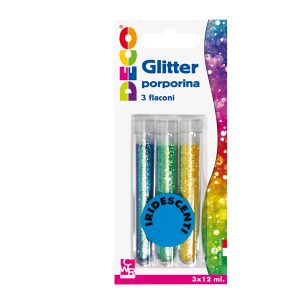 Glitter grana fine - 12 ml - colori assortiti iridescenti - Deco - blister 3 flaconi