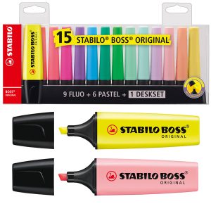 Evidenziatore Boss Original - punta a scalpello - tratto 2 - 5 mm - colori assortiti fluo + pastel - Stabilo - deskset 15 pezzi