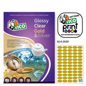 Etichette adesive ovali GL4 - in carta - permanenti- 36 x 20 mm - 60 et/fg - 100 fogli - oro satinato - Tico