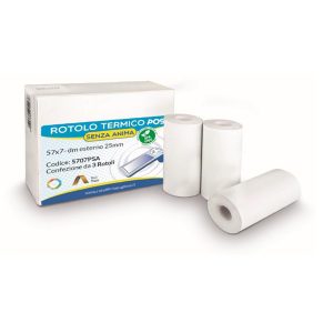 Rotolo per POS e carte di credito - carta termica BPA free - 57 mm x 7 mt - 55 g/m2 - diametro esterno 25 mm - senza anima - Rotolificio Pugliese - blister 3 pezzi