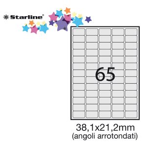 Etichette adesive - in carta - angoli arrotondati - permanenti - 38,1 x 21,2 mm - 65 et/fg - 100 fogli - bianco - Starline