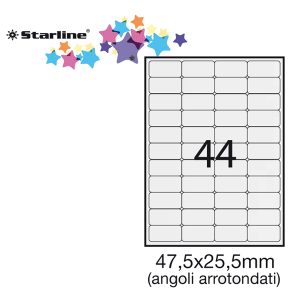 Etichette adesive - in carta - angoli arrotondati - permanenti - 47,5 x 25,5 mm - 44 et/fg - 100 fogli - bianco - Starline
