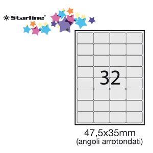Etichette adesive - in carta - angoli arrotondati - permanenti - 47,5 x 35 mm - 32 et/fg - 100 fogli - bianco - Starline